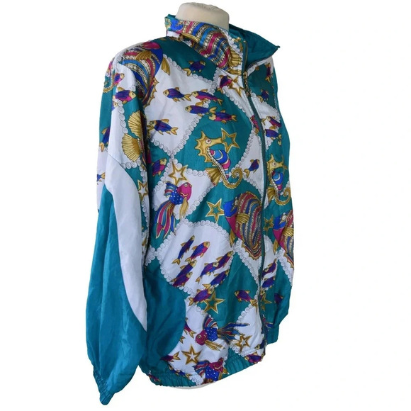 Vintage 80s Lavon Sport Full Zip Windbreaker Jacket Fish Nylon Teal Size Small - Picture 3 of 8